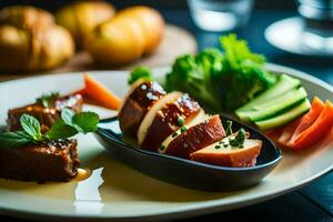 uma prato com carne, legumes e pão em isto. gerado por IA foto