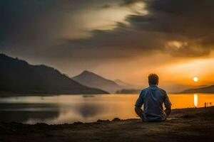 uma homem sentado dentro meditação de a água às pôr do sol. gerado por IA foto