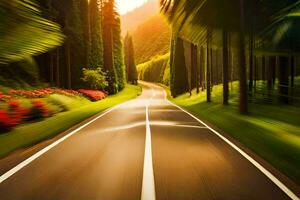 uma embaçado imagem do uma estrada dentro a meio do uma floresta. gerado por IA foto