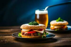 dois hambúrgueres em pratos com Cerveja e uma vidro. gerado por IA foto