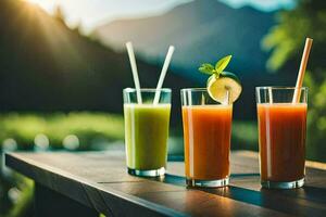 três óculos do suco com palhas em uma mesa. gerado por IA foto