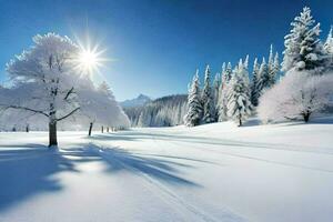 neve coberto árvores e a Sol brilhando dentro a céu. gerado por IA foto