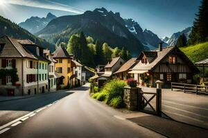 uma rua dentro a Alpes com montanhas dentro a fundo. gerado por IA foto