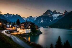 uma casa senta em a lado do uma montanha negligenciar uma lago. gerado por IA foto