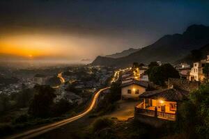 a Sol conjuntos sobre uma Vila dentro a montanhas. gerado por IA foto