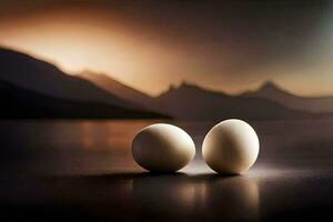 dois ovos sentar em uma mesa dentro frente do uma lago. gerado por IA foto