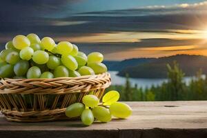 uvas dentro uma cesta em uma de madeira mesa com uma pôr do sol dentro a fundo. gerado por IA foto