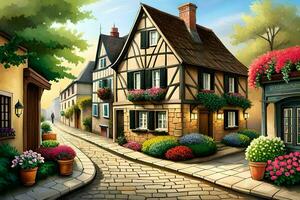uma pintura do uma rua com flores e casas. gerado por IA foto