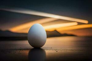 a ovo sentado em a de praia às pôr do sol. gerado por IA foto