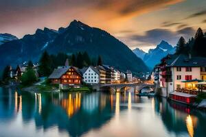 foto papel de parede montanhas, a céu, água, lago, Suíça, a Alpes, lago. gerado por IA