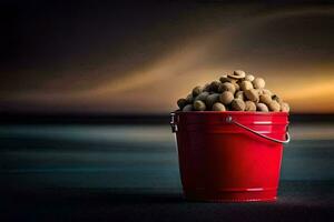 uma vermelho balde preenchidas com amendoim em uma de praia. gerado por IA foto