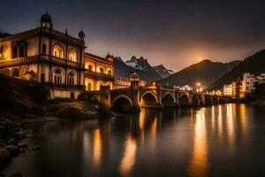 a ponte sobre a rio dentro a montanhas às noite. gerado por IA foto