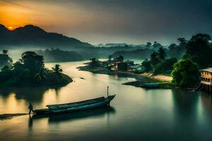uma barco é ancorado em a rio às nascer do sol. gerado por IA foto