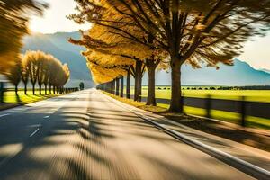 uma estrada com árvores e Relva dentro a fundo. gerado por IA foto