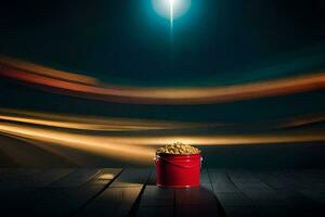 uma vermelho balde do Pipoca em uma mesa dentro frente do uma brilhante claro. gerado por IA foto