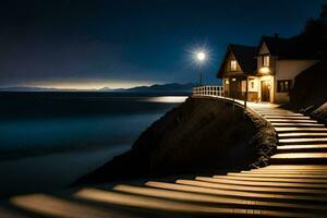 uma casa em a de praia às noite com escadas conduzindo para a água. gerado por IA foto