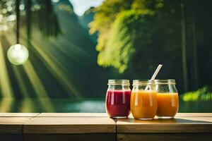 suco em uma de madeira mesa com luz solar brilhando através. gerado por IA foto