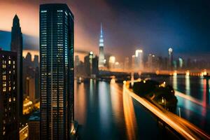 uma cidade Horizonte às noite com luzes e tráfego. gerado por IA foto