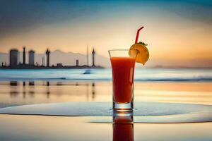 uma vidro do laranja suco em a de praia. gerado por IA foto