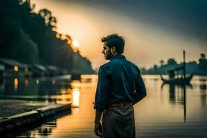 uma homem em pé em a costa do uma lago às pôr do sol. gerado por IA foto
