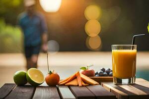 uma vidro do suco e fruta em uma mesa. gerado por IA foto