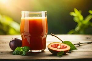 uma vidro do suco com fresco fruta em uma mesa. gerado por IA foto