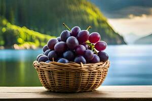 uvas dentro uma cesta em uma de madeira mesa. gerado por IA foto