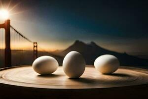 três ovos em uma mesa com uma dourado portão ponte dentro a fundo. gerado por IA foto