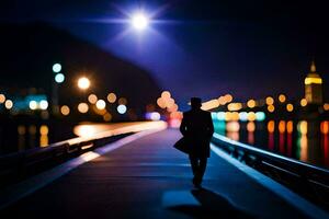 uma homem caminhando em uma ponte às noite com luzes dentro a fundo. gerado por IA foto