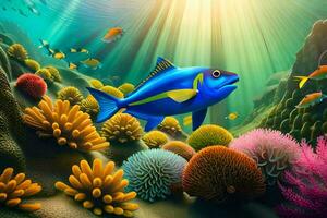 peixe dentro a oceano com coral e de outros colorida plantas. gerado por IA foto