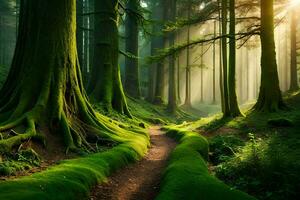 uma caminho através uma floresta com musgoso árvores gerado por IA foto