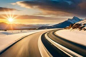 uma estrada dentro a neve com a Sol configuração atrás isto. gerado por IA foto