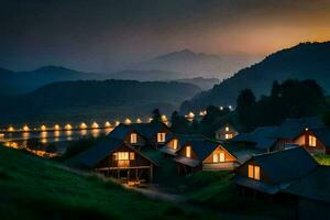 a casas estão aceso acima às noite dentro a montanhas. gerado por IA foto