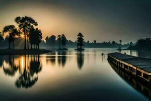 uma doca dentro a meio do uma lago às nascer do sol. gerado por IA foto