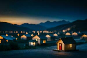foto papel de parede a céu, noite, casas, a montanhas, a luzes, a luzes, o. gerado por IA