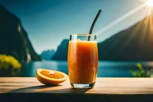 a laranja suco com uma Palha e uma fatia do laranja em uma mesa dentro frente do uma lago. gerado por IA foto
