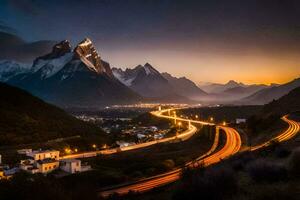 a estrada para a montanhas às crepúsculo. gerado por IA foto