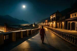 uma homem caminhando baixa uma caminho às noite com uma cheio lua dentro a fundo. gerado por IA foto