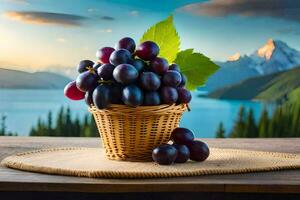 uvas dentro uma cesta em uma mesa com montanhas dentro a fundo. gerado por IA foto