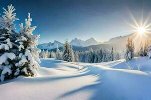 neve coberto árvores e montanhas dentro a Sol. gerado por IA foto