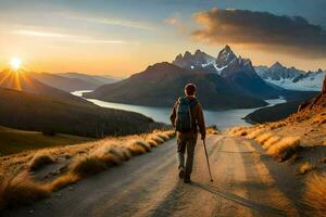 uma homem com caminhada postes anda em em uma estrada dentro frente do uma lago e montanhas. gerado por IA foto