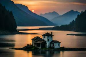 uma pequeno casa senta em a ilha dentro a meio do uma lago. gerado por IA foto