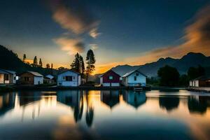 casas em a água às pôr do sol. gerado por IA foto