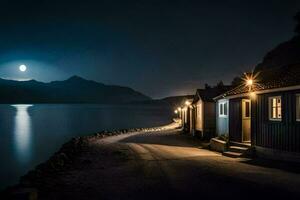uma enluarada noite cena com uma casa em a costa. gerado por IA foto