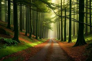uma estrada dentro a meio do uma floresta com árvores gerado por IA foto
