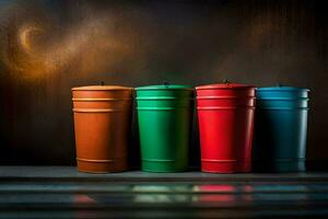 cinco colorida Lixo latas forrado acima contra uma Sombrio fundo. gerado por IA foto