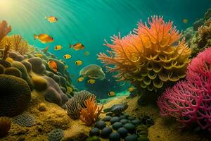 uma coral recife com muitos diferente tipos do peixe. gerado por IA foto