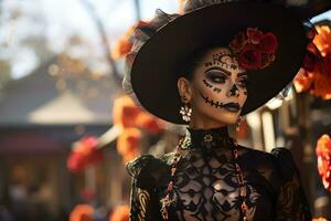 lindo fechar-se retrato do jovem mulher dentro tradicional calavera Catrina equipamento e Maquiagem para a dia do a morto às a nacional mexicano festival. ai gerado foto