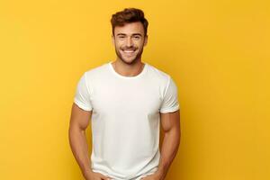 jovem homem vestindo Bella tela de pintura branco camisa brincar, às amarelo fundo. Projeto camiseta modelo, impressão apresentação brincar. ai gerado. foto