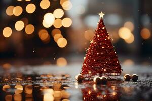 criativo vermelho Natal árvore com bolas e brilhar em borrado, espumante luzes fundo. festivo brincar bandeira com enfeites decoração e cópia de espaço. ai gerado foto